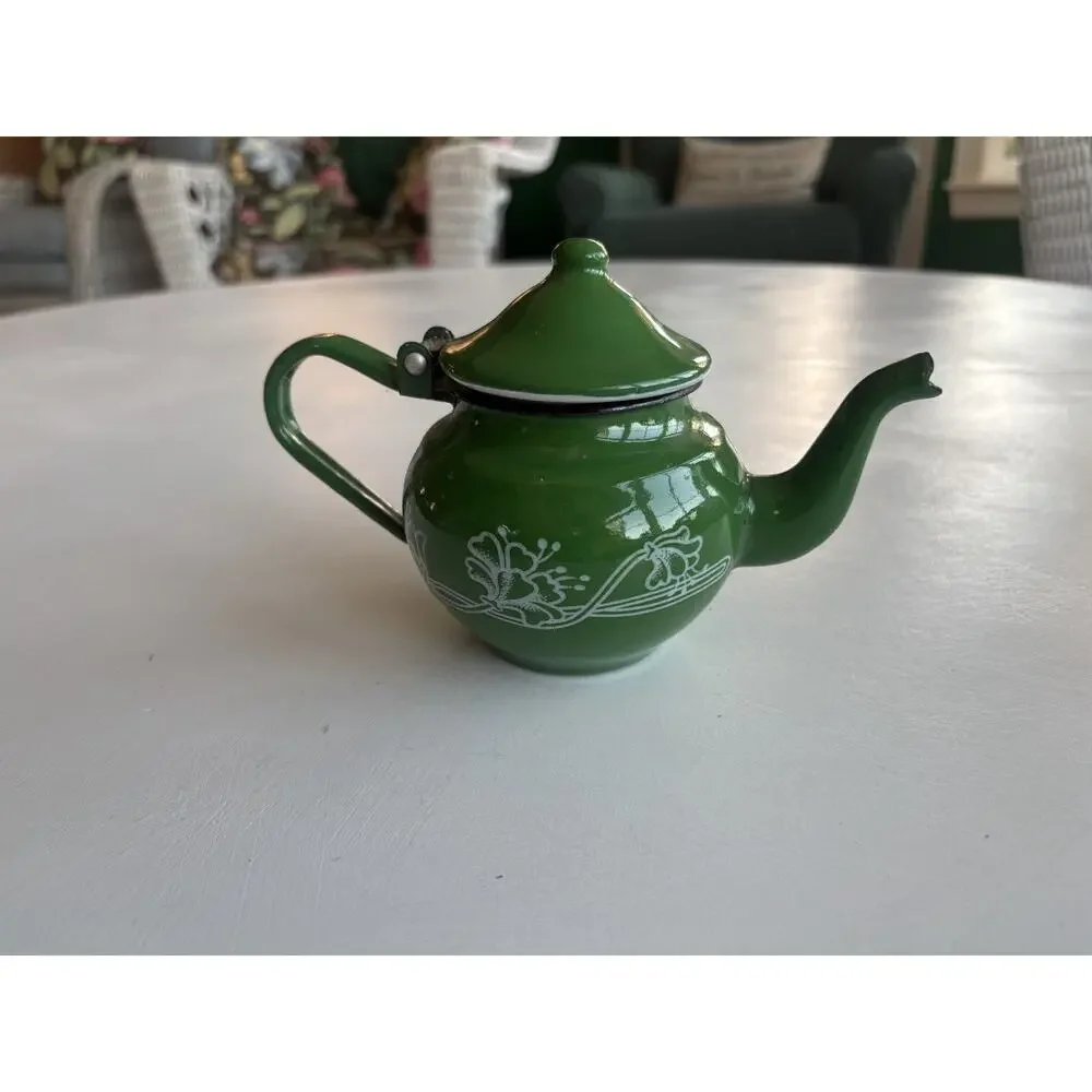 Vintage Small Green Floral Enamelware Hinged-Top Teapot 05L